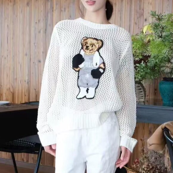 Polo by Ralph White openwork wool sweater with boxing bear pattern - Picture 1 of 10